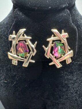 Vintage 1960s Sarah Coventry "Chinese Modern" Clip-on Earrings Watermelon Rivoli